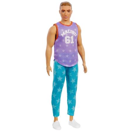 Barbie Ken Fashionistas Doll 165 with Sculpted Brown Hair Wearing Purple “Malibu” Top, Blue Starred Joggers & White Shoes