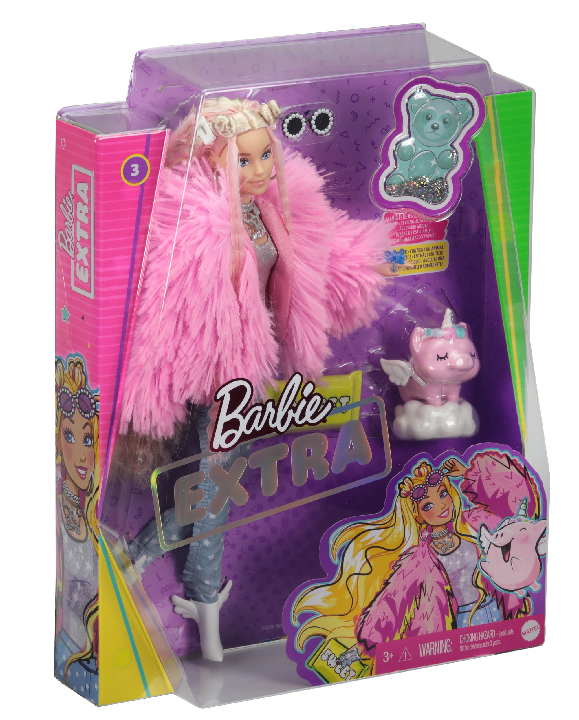 Barbie Extra Doll #3 in Pink Coat with Pet Unicorn-Pig for Kids 3 Years Old & Up