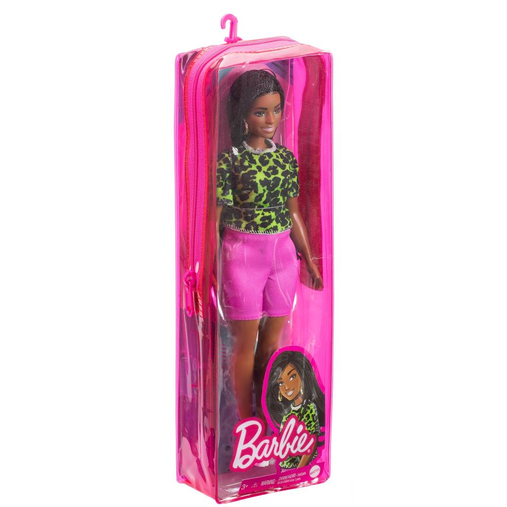 Barbie Fashionistas 144 with Brunette Braids Neon Green Animal-Print Pink Shorts, White Sandals & Earrings - B`n Doll`s Planet
