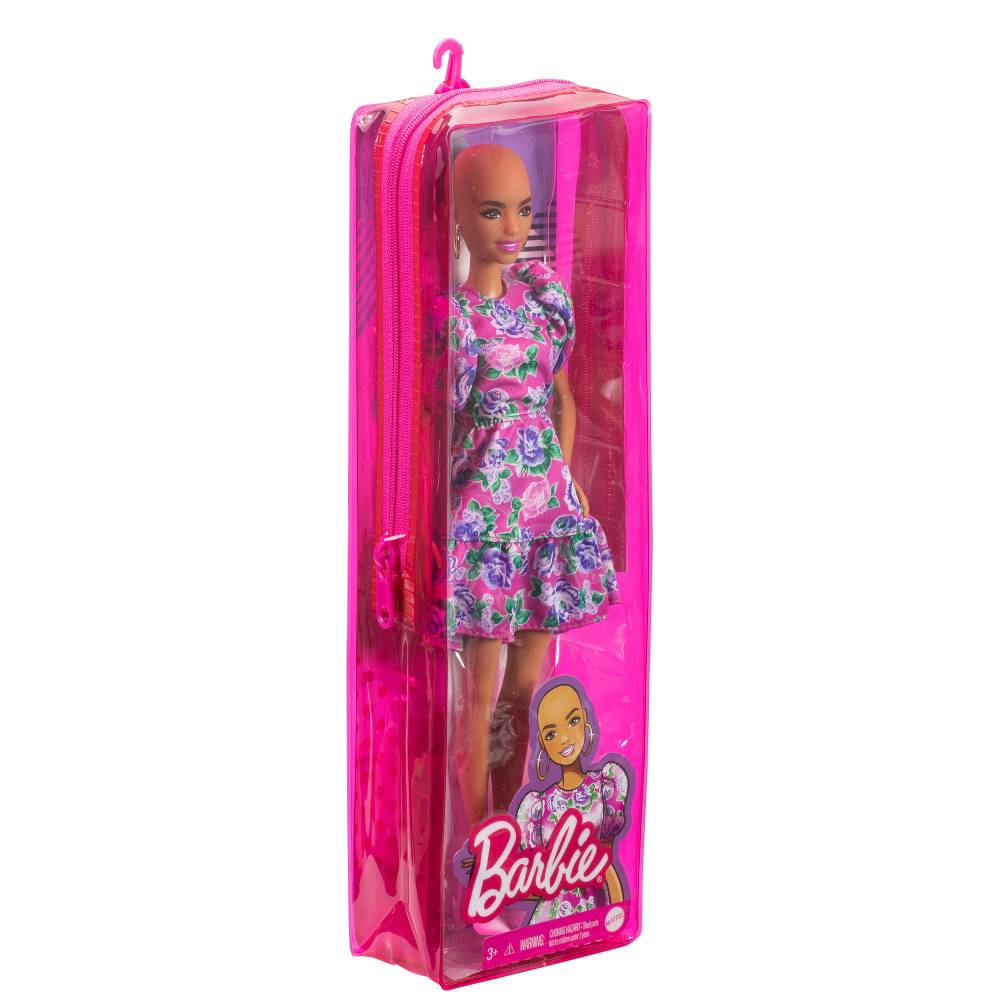 Barbie Fashionistas Doll 150 with No-Hair Look Wearing Pink Floral Dress, White Booties & Earrings